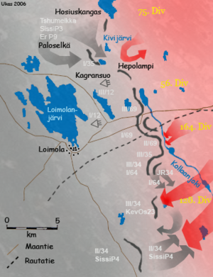 Karte der Kämpfe um den Kollaanjoki um 1940