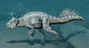 Hypothetische Lebendrekonstruktion von Koreaceratops als amphibisch lebendes Tier.