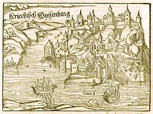 Die Belagerung von Belgrad (Kriechisch W(e)ysseburg), Cosmographia von Sebastian Münster aus dem Jahr 1545