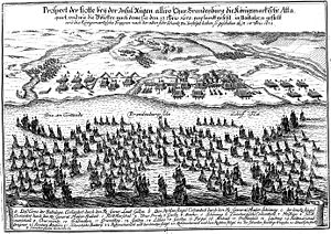 Landungsflotte mit Heer in aufgestellter Schlachtordnung am 23. September 1678 bei Neukamp