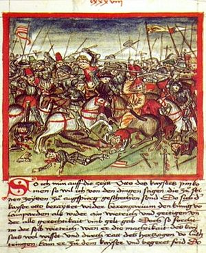 Die Schlacht auf dem Lechfeld in einer Darstellung von 1457.