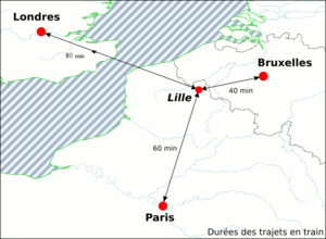 Schematische Karte mit Lille im Städtedreieck zwischen Paris, London und Brüssel