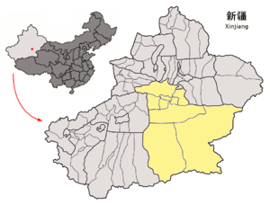 Location of Bayin'gholin Prefecture within Xinjiang (China).png