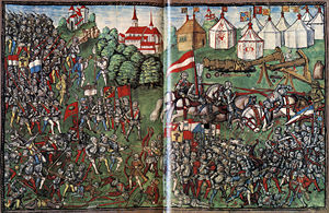 Darstellung der Schlacht bei Grandson in der Luzerner Chronik des Diebold Schilling, 1515