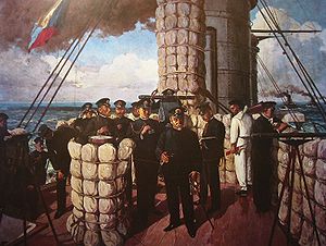 Admiral Tōgō an Bord der Mikasa zu Beginn der Schlacht