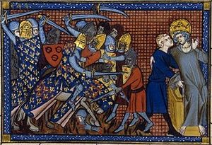 Robert von Artois fällt in der Schlacht von al-Mansura, rechts daneben sein trauernder Bruder, der heilige Ludwig.Miniatur aus dem 14. Jahrhundert.