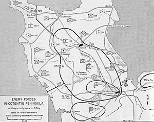 Karte der Halbinsel Cotentin mit deutschen Truppenstellungen (6. Juni 1944)