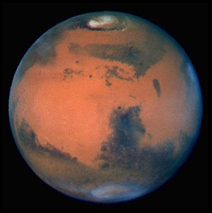 Aufnahme des Mars mit dem Hubble-Weltraumteleskop. Syrtis Major ragt von Süden (unten) in die helleren Regionen hinein