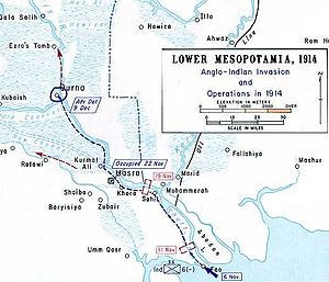Karte der Operationen in Mesopotamien im Jahr 1914