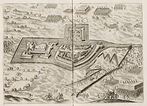 Mevrsae Obsidio - Siege of Meurs (Moers) by Maurice of Orange in 1597 - (Johannes Janssonius, 1651).jpg