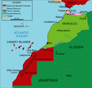Spanische Besitzungen in der Sahara (rot)
