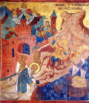 Fresko in der Mariä-Gewandniederlegungs-Kirche, Michael III. und Photios I. werfen den Schleier der Gottesmutter in den Bosporus