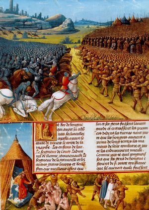 Oben: Die Schlacht von Nikopolis. Unten: Hinrichtung der gefangenen Ritter durch Bajezid.