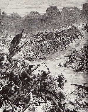 Illustration des Kampfes am Ntombe; Titelseite der The Illustrated London News vom 10. Mai 1879 (Ausschnitt)[1]