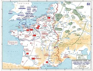 Plan zur Operation Overlord und der begleitenden Bomberoffensive, mit den deutschen Stellungen am 6. Juni 1944