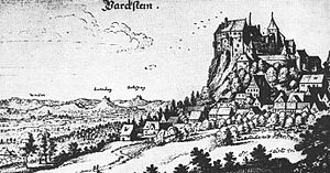 Burg und Ort Parkstein um 1630, Kupferstich von Matthäus Merian