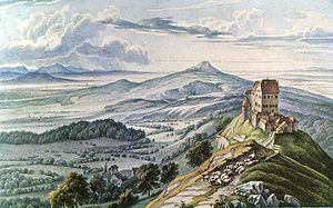 Burg Hohenrechberg, Gouache von Louis Mayer, 1836 (im Hintergrund der Hohenstaufen)