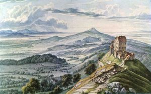 Burg Hohenrechberg, Gouache von Louis Mayer, 1836(im Hintergrund der Hohenstaufen)