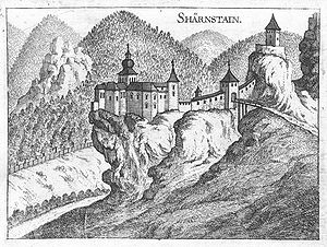 Burg Scharnstein um 1674, Stich von G.M.Vischer