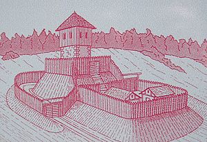 Rekonstruktionsversuch (E. Högg, 1977) der Gesamtanlage auf einer Infotafel im Burgbereich. Die Zeichnung wurde vor den Untersuchungen des Arbeitskreises für Vor- und Frühgeschichte Augsburg angefertigt. Tatsächlich stand nur ein Holzturm auf dem Plateau der Hauptburg