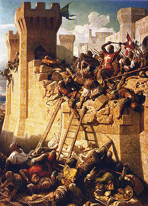 Der Marschall der Hospitaliter, Mathieu de Clermont, verteidigt die Mauern von Akkon.Darstellung aus dem 19. Jahrhundert