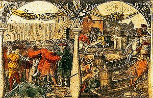 Stockholmer Blutbad(handkolorierter Kupferstich von 1676 nach einem Holzschnitt von 1524)