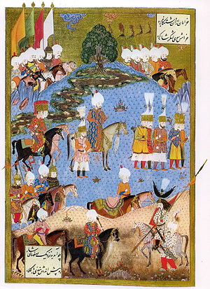 Miniatur-Darstellung: Süleyman marschiert am Ende des osmanisch-safawidischen Krieges, mit seiner Armee im Sommer 1554 in Nachitschewan ein.