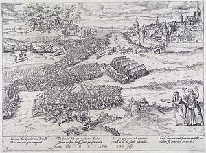 Darstellung der Schlacht auf einem Kupferstich von Frans Hogenberg