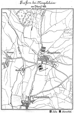 Schlachtaufstellung vom 27. April 1622, Tilly von Norden, Mansfeld im Süden auf dem Ohrenberg