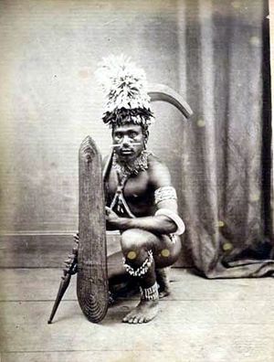 Warrior with wicker shield and parrying club, Solomon Islands.jpg
