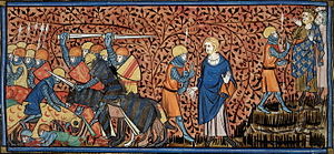 Der normannische Herzog Wilhelm der Bastard besiegt die Franzosen in der Schlacht von Mortemer und entsendet einen Boten zum geschlagenen König Heinrich I. von Frankreich. Darstellung aus Chroniques de Saint-Denis, 14. Jahrhundert