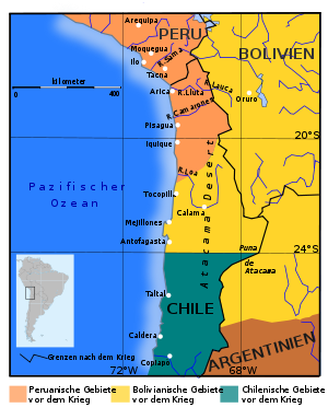 Die farbigen Flächen zeigen die Grenzen vor dem Krieg. Die Puna de Atacama und die östliche Tarija waren in Disput zwischen Argentinien und Bolivien.