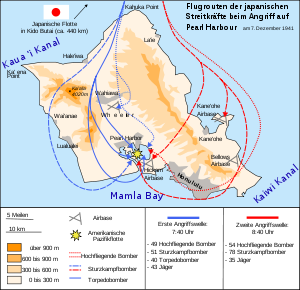 Karte von Oʻahu mit den japanischen Anflugspfaden