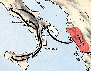 Der Weg des Pyrrhus von Epirus während seines Feldzuges in Süditalien und Sizilien