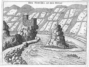 Ruine Werfenstein und Insel Wörth um 1674, Stich von G.M.Vischer