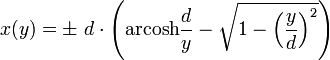  x(y)  =  \pm\ d \cdot \left( \operatorname{arcosh} {d \over y} -\sqrt{1-\left( {y \over d} \right)^2} \right) 