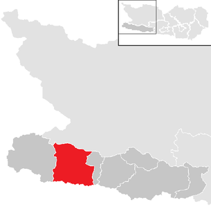 Lage der Gemeinde Kötschach-Mauthen im Bezirk Hermagor (anklickbare Karte)