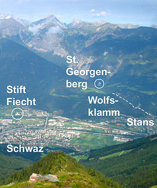 St. Georgenberg, Fiecht and Wolfsklamm viewn from Kellerjoch.jpg