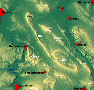 Übersichtskarte: Der Thüster Berg im oberen Bildteil