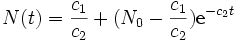 N(t) = \frac {c_1}{c_2} + (N_0 - \frac {c_1}{c_2}) \mathsf {e}^{-c_2 t}