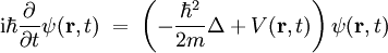 
\mathrm i\hbar\frac{\partial}{\partial t}\psi(\mathbf{r},t) \;=\; \left(- \frac{\hbar^2}{2m}\Delta + V(\mathbf{r},t)\right)\psi(\mathbf{r},t)
