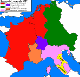 Die Teilreiche des Frankenreichs 915 (Berengars Gebiet in rosa)