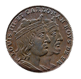 Münze mit dem Porträt Ludwigs III. und seines Bruders Karlmann