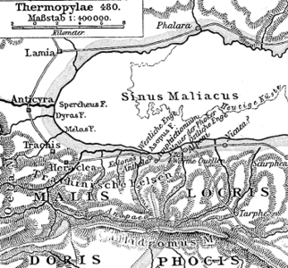 Karte der Thermopylen in der Antike, im Süden das Kallidromo-Massiv