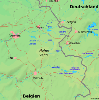 Karte des Hohen Venns mit Oberlauf der Weser