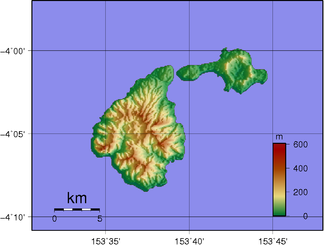 Topografische Karte der Feni-Inseln. Ambitle ist die westliche Insel