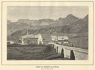 Historische Ansicht von St. Christoph vor der Passhöhe, im Hintergrund die Valluga (1889)