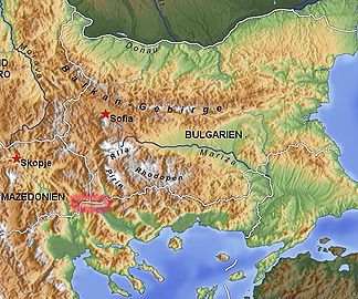 Belasiza-Gebirge (rot eingekreist) - in Bulgarien, Republik Mazedonien und Griechenland