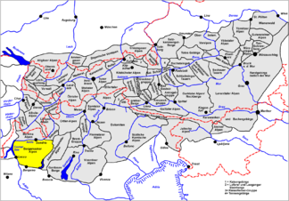 Lage der Bergamasker Alpen innerhalb der Ostalpen