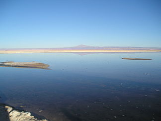 Laguna Chaxa im Salar de Atacama, Cerro Quimal in der Mitte